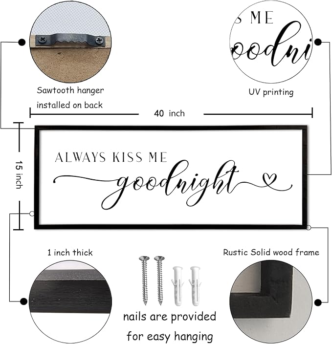 Always Kiss Me Goodnight Sign Wall Decor 40"X15" Master Bedroom Above Bed Large Wooden Framed for Couples Over Bed Wall Hanging Art (Black)
