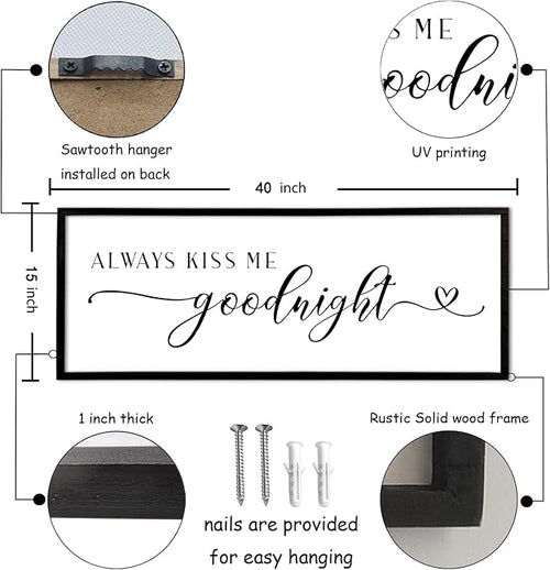 Always Kiss Me Goodnight Sign Wall Decor 40"X15" Master Bedroom Above Bed Large Wooden Framed for Couples Over Bed Wall Hanging Art (Black)