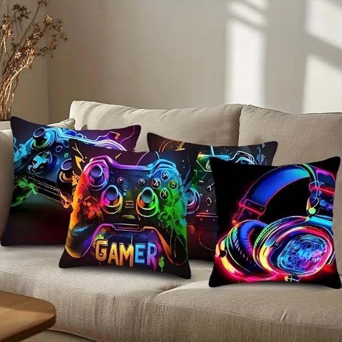 4Pcs Set Gaming Pillow Covers - Washable, Living Room, Playroom 18x18 Pillows Linen Pillowcase Modern Decorative Square Pillowcases for Sofa Couch Bedroom Living Room Car