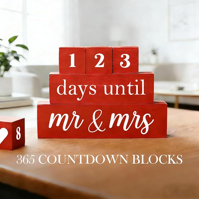 6 Pcs Wooden Engagement Gifts for Couples Wood Engagement Party Decorations Block Wedding Day Countdown Calendar Fiance Gifts for Women Future Mr Mrs Newly Engaged Couples, Red