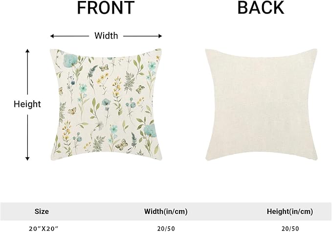 Spring Pillow Covers 20x20 Inch Set of 2, Aqua Teal Sage Green Wild Flower Throw Pillows Case,Colorful Seasonal Floral Plant Outdoor Decorative Farmhouse Decor Cushion Covers for Sofa Bed Couch