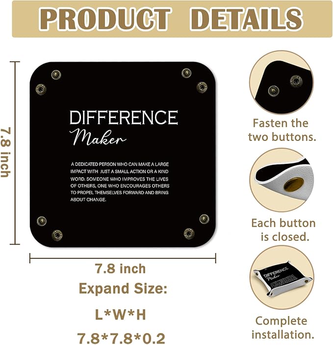 Employee Appreciation Gifts,Difference Maker Gifts, for Teacher Mentor Boss Leader,Thank You Appreciation Gift PU Leather Jewelry Tray, Nightstand Organizer for Rings,Watches,Keys, 7.87x7.87