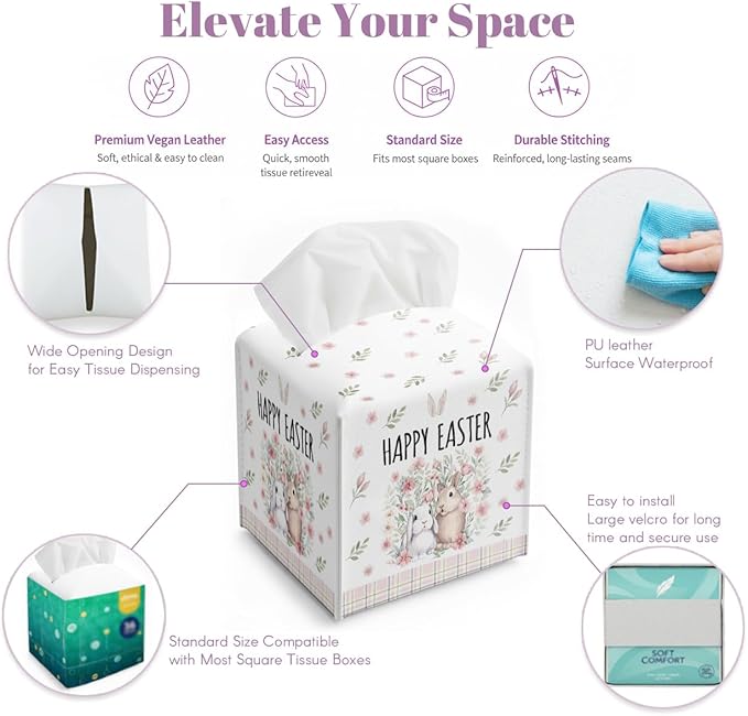 Easter Day Napkin Tissue Box Cover, Pink Bunny Rabbit Ears Floral Leaves Waterproof Leather Paper Organizer Dispenser for Table Dining, Bathroom, Nightstand Vanity, Car, Housewarming Gift Ideas, L