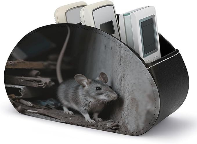 Mouse Hiding in The Corner Remote Control Holder Organizer Box with 5 Compartment PU Leather Bedside Storage Caddy Remote Organizer for Controller Media Player Pen/Pencil Storage