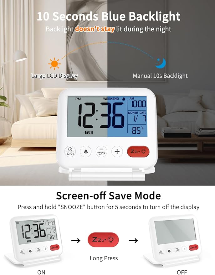 NOKLEAD Digital Travel Alarm Clock - 3.23 inch LCD Display, Temperature, 9-Minute Snooze, 10s Backlight, Battery Included (White)