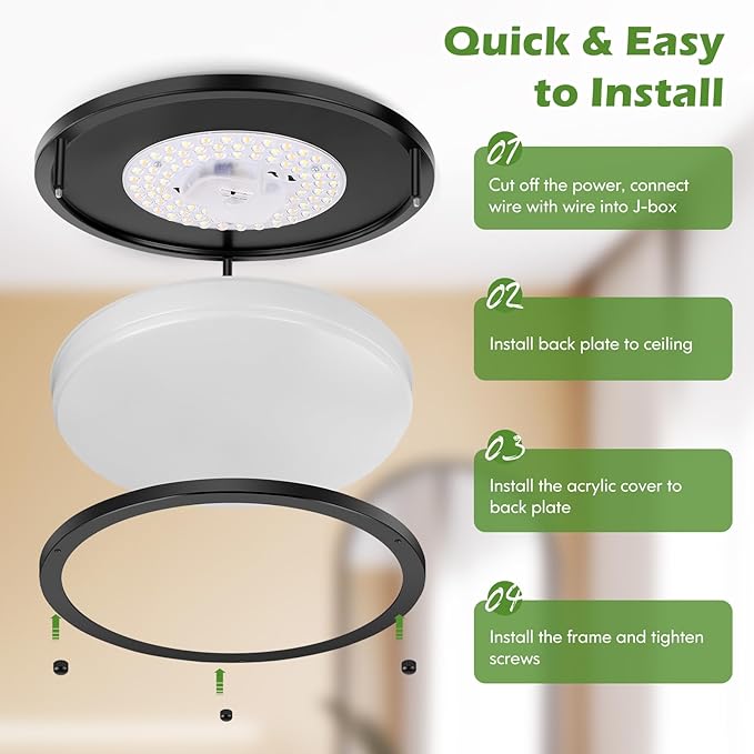 GoBright 1-Pack 36W LED Ceiling Light Fixture (450W Equiv), 12IN Modern Flush Mount Ceiling Lights, Dimmable Ceiling Lamps Super Bright 3200LM, 2700K-6500K 5CCT Adjustable for Bedroom Kitchen, Black
