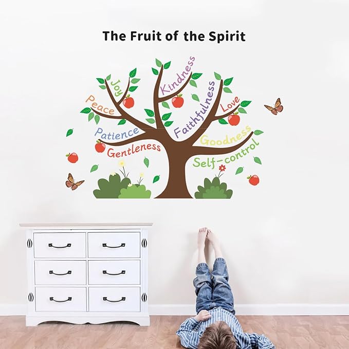 HLNIUC Apple Tree Inspirational Wall Decal (35”x24”)Colorful Inspiring Quotes Wall Sticker The Fruit of the Spirit Art Decal,Motivational Sayings Apple Butterfly Room Sticker for Kids Bedroom,Nursery