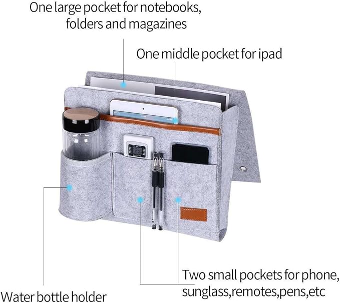 Bringsine Bedside Caddy, Felt Bed Storage Organizer Hanging Bag Holder with 5 Pockets for Magazine Book Phone Tablet iPad Cables Remote & Water Bottle Holder Home Dorm Bed Sofa-Light Gray