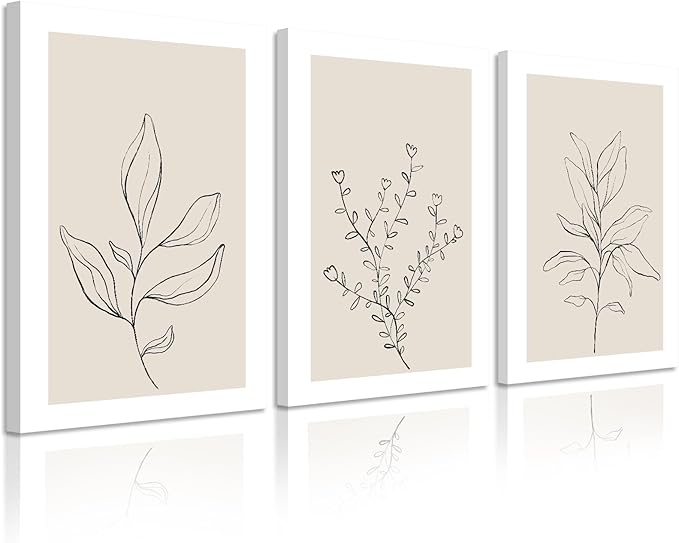 Joocrise Botanical Wall Art Decor Neutral Wall Decor Boho Beige Canvas Wall Art Botanical Minimalist Pictures Neutral Prints Beige Posters Boho Artwork for Room Bedroom 24x36x3 Inch Wrapped Canvas