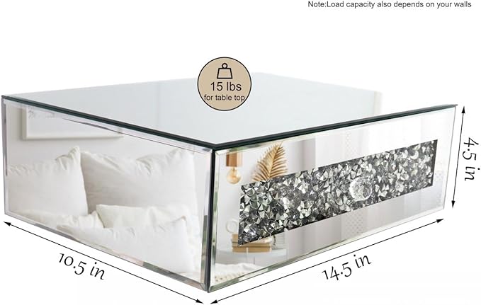 Mirrored Floating Bedside Nightstand with Drawer, Wall Mounted Silver Glass Crystal Diamond Bling Decoration Organizer for Bedroom, Living Room, Small Space, 14.5"×11.5"×4.5"