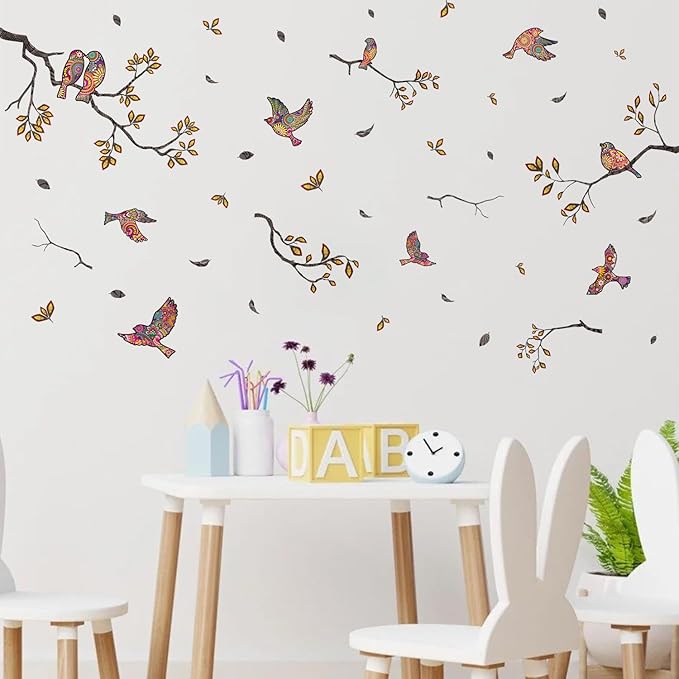 HLNIUC Chinoiserie Birds on Branches Window Clings 35”x12”Tree Branch and Bird Wall Decals in Colorful Flower Pattern Spring Summer Hummingbird Room Sticker DIY Floral Bird Wall Stickers for Bedroom