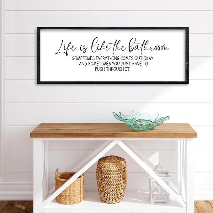 comurdyo Funny Motivational Life Is Like The Bathroom Humorous Wall Decor Art 32"×12" for Farmhouse Bathroom Restroom Toilet Shelves Sign Large Modern Rustic Wooden Framed Wall Hanging (Black)