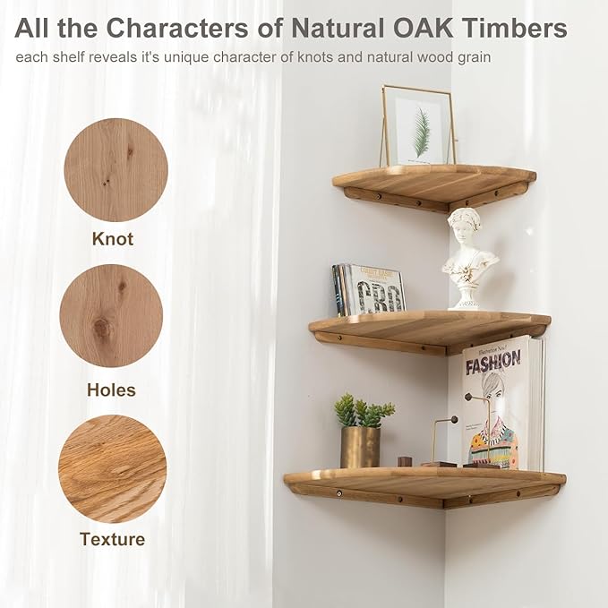 Corner Shelves, Floating Corner Shelf, Set of 2 10inch Solid Oak Wood Corner Wall Shelves, Round End Wall Mount Display Shelf with Wire Hole for Bedroom Kitchen, Living Room