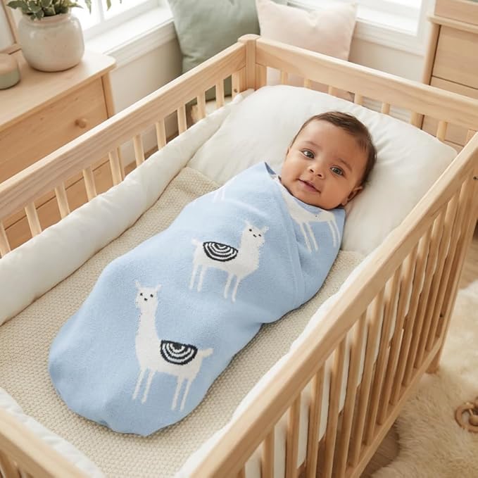 Baby Receiving Swaddle Stroller Blanket - 100% Fine Loomed Cotton Cozy Cuddle Crib Stroller Unisex Quilt Knit Blanket for Newborns Infants Toddler Boys and Girls (Llama - Baby Blue)