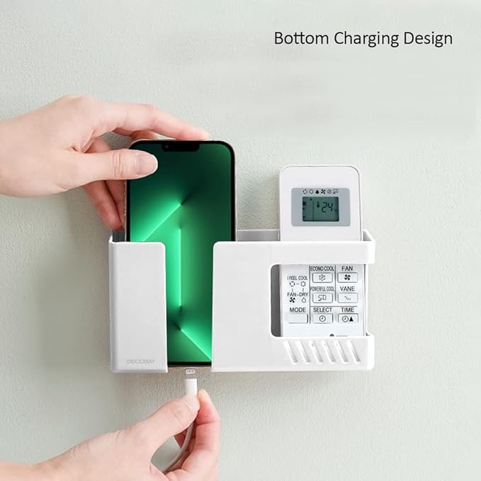 Strong Adhesive Wall Mount Phone Holder D3 Punch-Free Bedside Phone Shelf with Charging Port, Sticky Remote Control Storage Box, Bathroom & Kitchen Wall Organizer (2 Pack-White)
