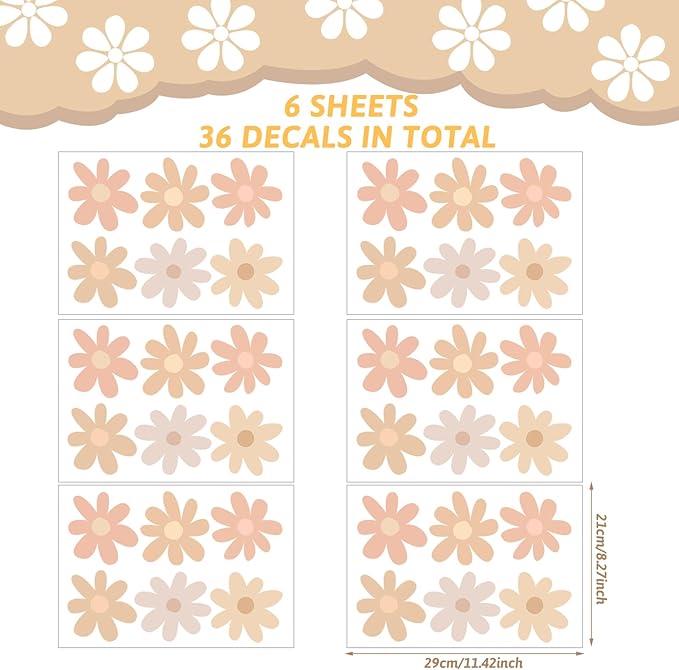 BBTO Daisy Wall Decal Flower Vinyl Wall Decals Daisy Stickers Floral Decals Peel and Stick for Nursery Art Bedroom Living Room(Simple Style,Warm Color)