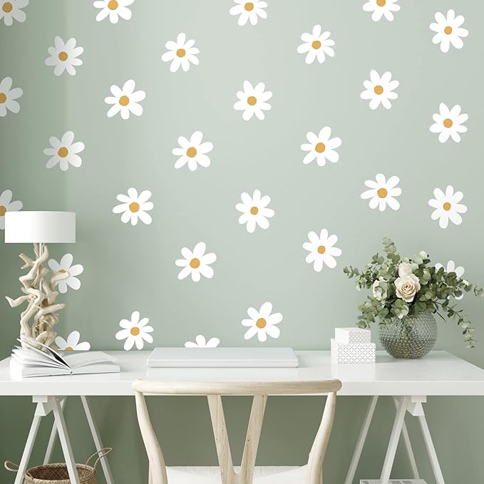 BBTO Daisy Wall Decal Flower Vinyl Wall Decals Daisy Stickers Floral Decals Peel and Stick for Nursery Art Bedroom Living Room(Simple Style,White)
