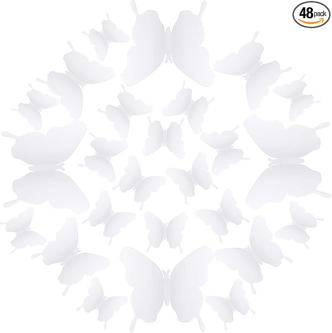 BBTO 48 Pieces Butterfly Wall Decor DIY 3D Mirror Butterfly Stickers Removable Decals Crafts for Birthday Party Bedroom School Bathroom Living Room Decor(White)