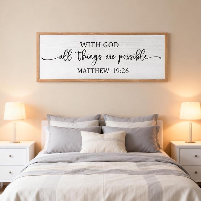 With God All Things are Possible Framed Wall Art, 40''×15'' Positive Religious Rustic Bible Verse for Christian God Jesus Christ Prayer, Vintage Horizontal Holy Inspirational Catholic Scripture Decor