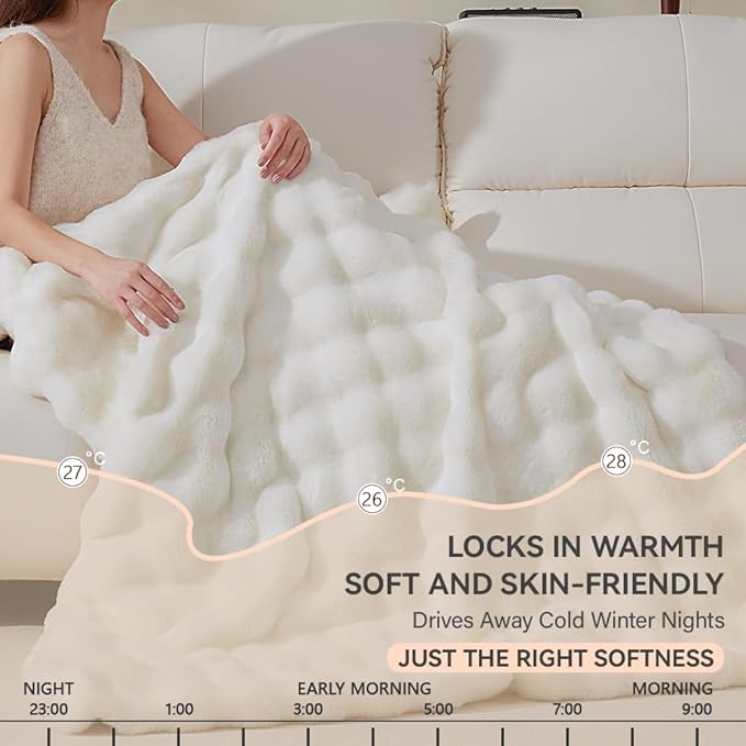 Soft Faux Rabbit Fur Throw Blanket Luxury Super Comfy Double Sided Ultra Cozy Thick Warm Fluffy Blanket for Couch Chair Sofa Bed Living Room Camping, Plush Fuzzy Bubble Blanket, 970 GSM, 50''x60''
