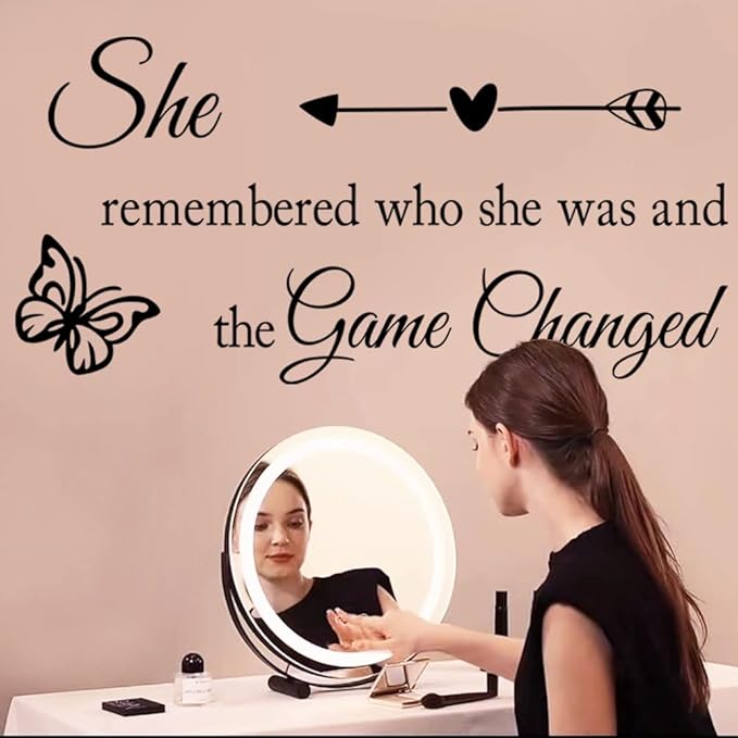 Girls Inspirational Wall Sticker Decal Wall Art Quote She Remembered Who She Was And the Game Changed Positive Motivational Butterfly Decor Wall Stickers for Women Girls Bedroom Living Room Beauty