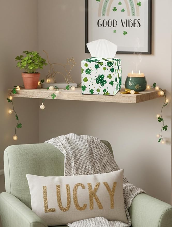 St.Patrick's Day Napkin Tissue Box Cover, Watercolor Shamrock Waterproof Leather Paper Organizer Dispenser for Table Dining, Bathroom, Nightstand Vanity, Car, Housewarming Gift Ideas, E