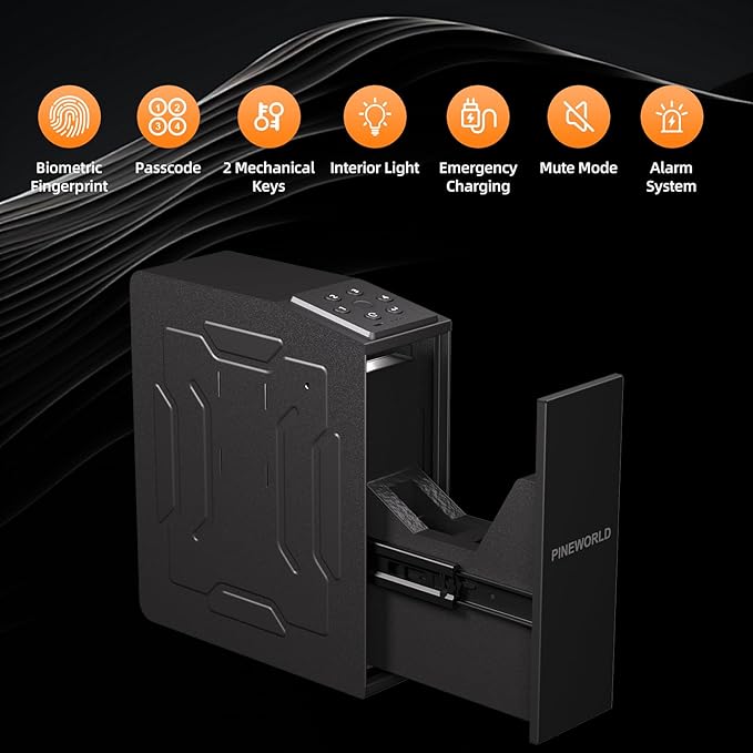 Gun Safe For Handgun, Biometric Slider Bedside Handgun Safe, Pistol Lock Case for Nightstand,Sliding Door Hand Gun Safe for Pistol -with 3 Quick Access Fingerprint, PIN Code, KEY