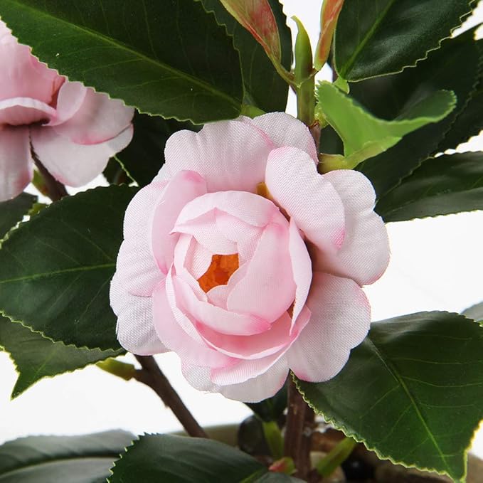 Briful Artificial Plants Mini Camellia Potted Fake Plants Small Faux Plastic Plants Desk Plant Artificial Flowers with Vase for Home Office Desk Kitchen Garden Indoor Decor