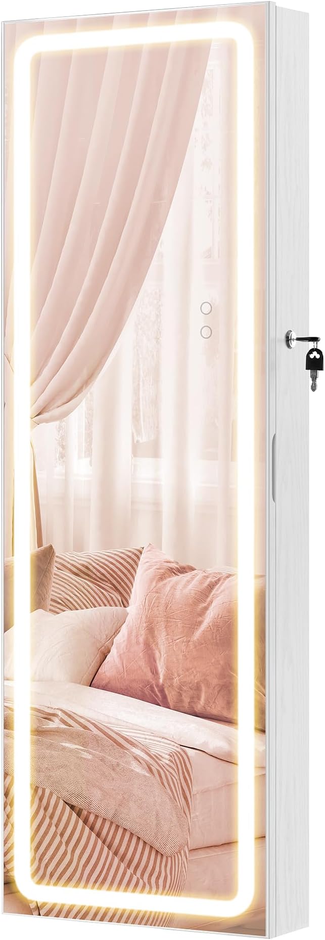 SONGMICS LED Mirror Jewelry Cabinet Armoire, Wall or Door Mounted Jewelry Storage Organizer, Hanging Lockable Frameless Mirror Cabinet with 2 Plastic Cosmetic Organizers, Gift Idea, White UJJC011W01