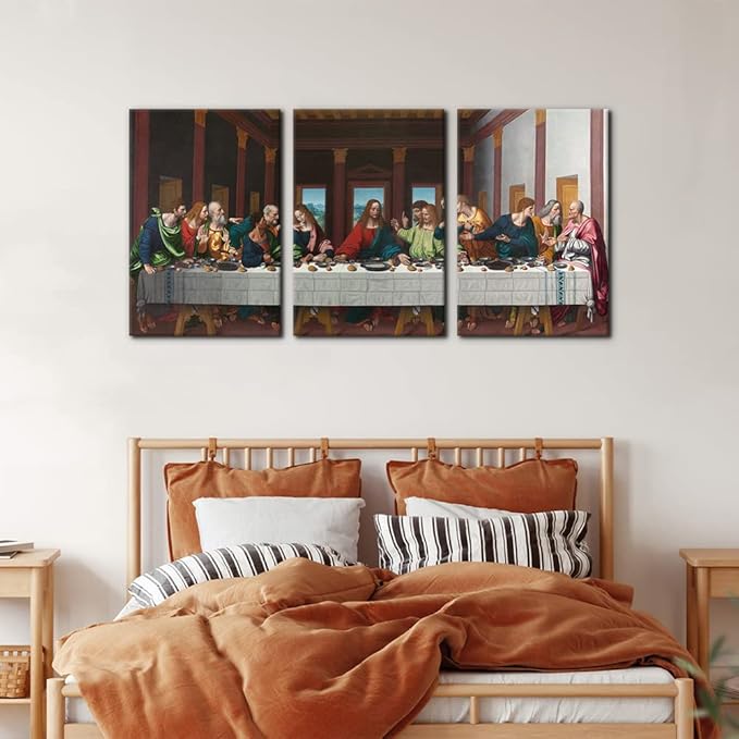 The Last Supper Painting Prints on Canvas Last Supper Wall Art Decor for Living Room Modern 3 Panels Jesus Pictures Posters Giclee Gallery Wrap Artwork Stretched Framed Ready to Hang - 16" x 24" x 3