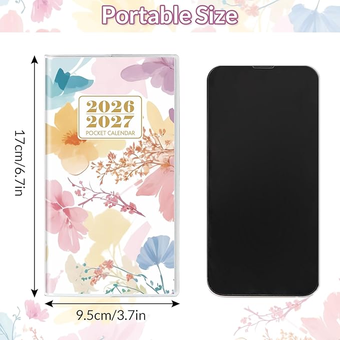Pocket Calendar 2026-2027, Floral 2026-2027 Monthly Planner - 3.7" x 6.7" - Runs from January 2026 Until December 2027, 2026 Pocket Calendar with PVC Cover for Organizing & Planning