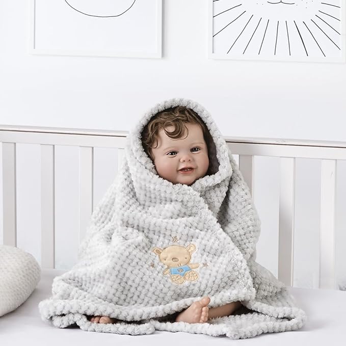 CREVENT 2Pcs 30''X40'' Cute Cozy Fluffy Warm Baby Blankets for Infants Toddlers' Bedding Crib Cot Stroller - Grey Cloud + Baby Bear