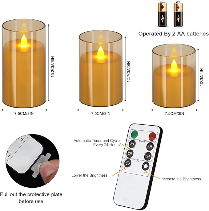 wemarry Flameless Candles 4" 5" 6" Acrylic Glass Pillars 3" Diameter Battery Operated Flickering Candles Include 8-Key Remote with Timer Function 400+ Hours (Amber, Warm Light 6 Pack)