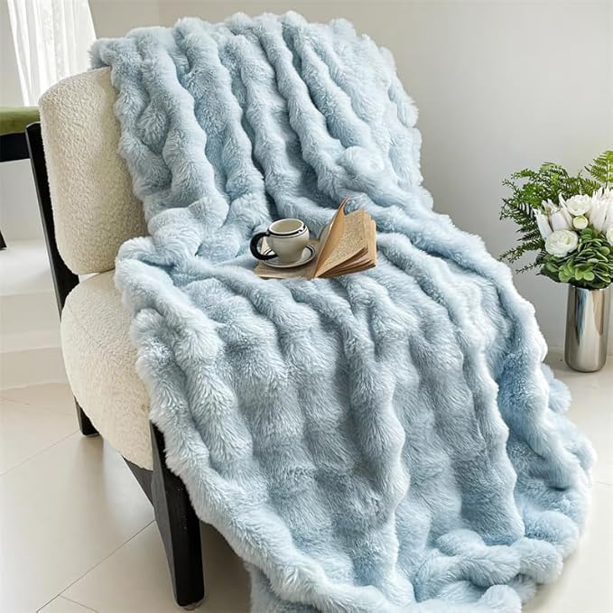 H&D Faux Fur Throw Blanket for Couch,Fluffy Cozy Soft Plush Luxury Thick Fuzzy Fleece Blanket for Couch Bed Sofa Bedroom Living Room,Comfy Bubble Blanket(Light Blue, Full (70"x80"))