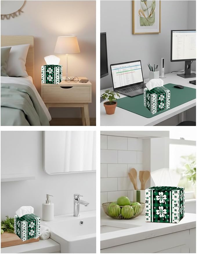 St.Patrick's Day Napkin Tissue Box Cover, Clover Buffalo Plaid Shamrock Waterproof Leather Paper Organizer Dispenser for Table Dining, Bathroom, Nightstand Vanity, Car, Housewarming Gift Ideas, B