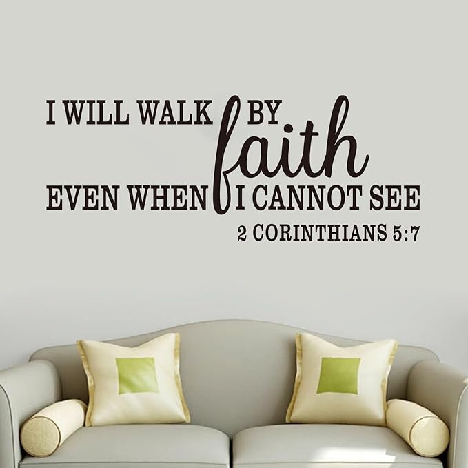 Christian Wall Decals for Living Room: Bible Verse Quotes Inspirational Bedroom Vinyl Art Wall Stickers - I Will Walk by Faith 32" X 12.5"