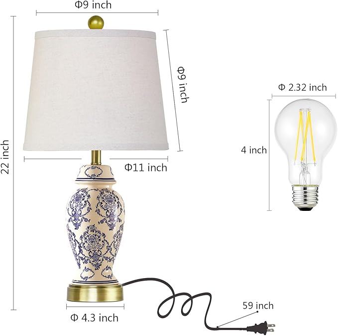 RORIANO Chinoiserie Ceramic Small Table Lamps Set of 2 for Living Room Bedroom Bedside, Traditional Beige and Blue Porcelain Classic Table Lamp for Nightstand Entryway, 2 LED Bulbs Included