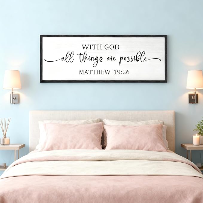 With God All Things are Possible Framed Wall Art, 40''×15'' Positive Holy Religious Rustic Bible Verse for Christian God Jesus Christ Prayer, Vintage Horizontal Inspirational Catholic Scripture Decor