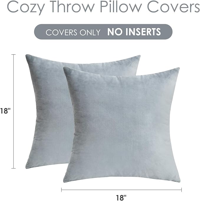 Throw Pillow Covers Grey Decorative Velvet Set of 2 18x18 Inch Pillow Covers, Soft Neutral Gray Pillowcases for Couch Sofa Bed Living Room, Farmhouse Boho Decor, Square Accent Cushion Covers