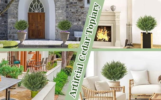 15.7" Christmas Fake Shrubs, Artificial Cedar Ball Tree Plant, 4 Packs of Fake Cedar Outdoor shrubs with Ground Spike, UV Resistant Fake shrubs, Used for Indoor and Outdoor Front Porch Gardens