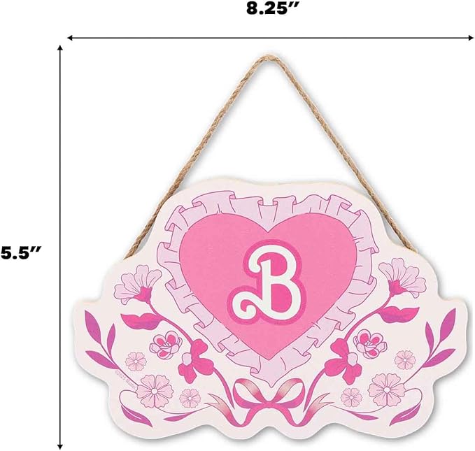 Mattel Barbie Pink Floral Heart Hanging Wood Wall Decor - Nostalgic Barbie Sign with B Monogram and Ruffle Trim