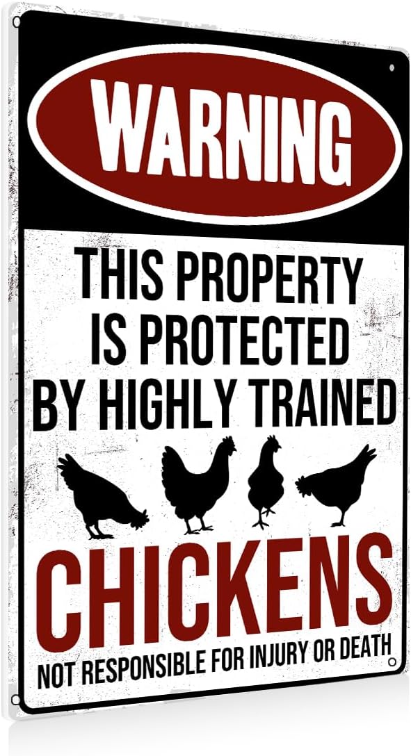 Funny Chicken Coop Sign - "Warning: Property Protected by Chickens" Decorative Metal Tin Sign for Farm Garden 8 x 12 Inch