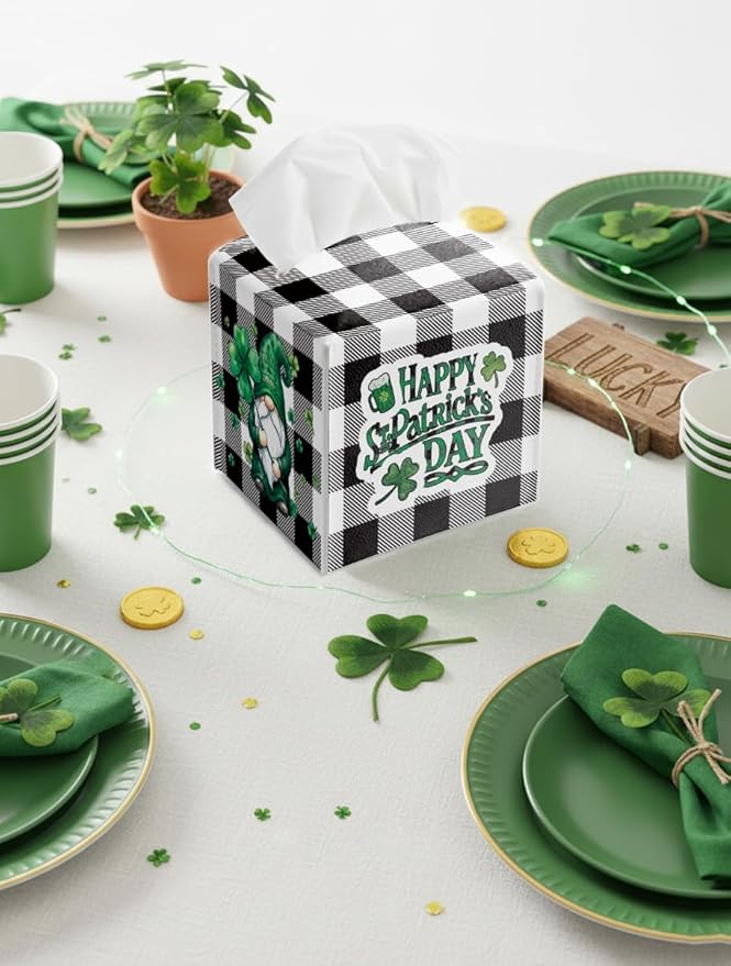 St.Patrick's Day Napkin Tissue Box Cover, Buffalo Plaid Gnome Waterproof Leather Paper Organizer Dispenser for Table Dining, Bathroom, Nightstand Vanity, Car, Housewarming Gift Ideas, G