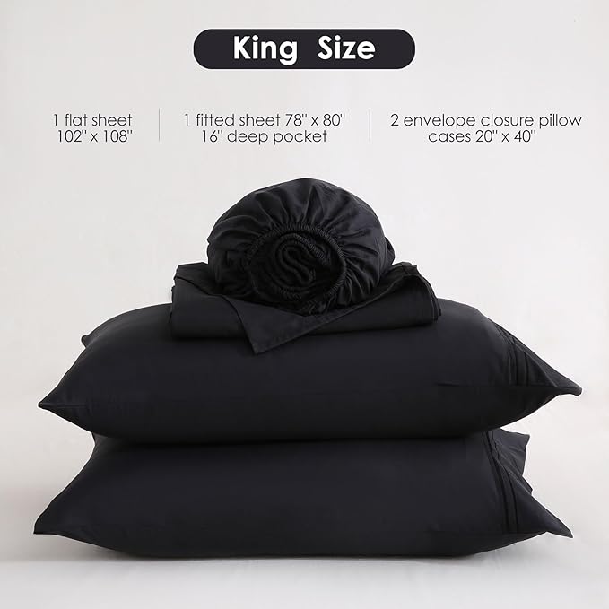 JSD Black King Sheet Set with Side Pocket Corner Straps, 4 Piece Soft Microfiber Bed Sheets Extra Deep Pocket