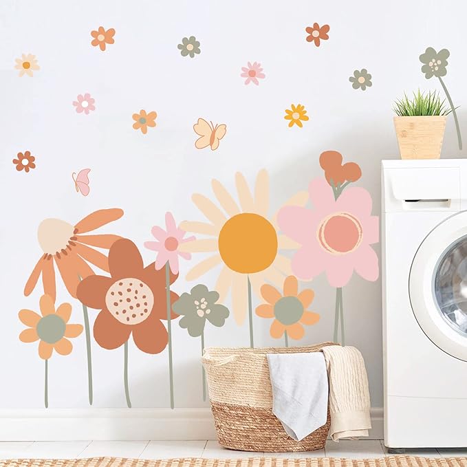 Supzone Colorful Flower Wall Stickers - Boho Retro Vintage Floral Art Decals for Bedroom, Living Room, TV, Office - Large Home Decoration