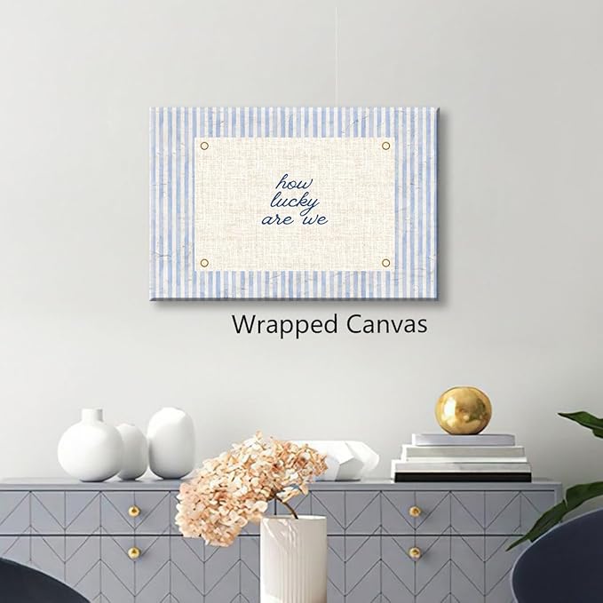 How Lucky Are We Canvas Wall Art, Navy Blue Stripes Positive Quote Poster, Daily Affirmations Wall Decor for Bedroom Dorm, Modern Inspiring Typography Print for Office 12x16in Wrapped Canvas