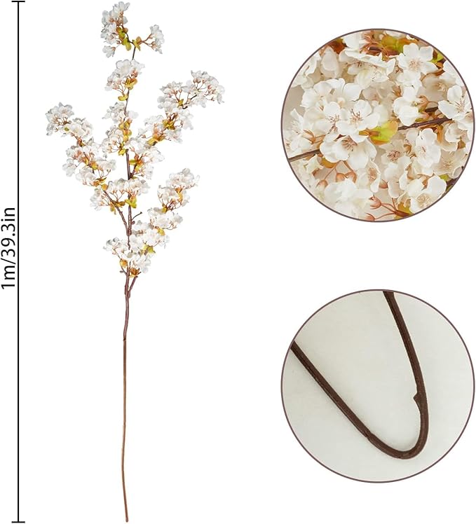 Uieke 24Pcs Silk Cherry Blossom Branches, 39.3in Artificial Cherry Blossom Tree Stems, Fake Plum Blossom Flowers Arrangement for Wedding Home Japanese Decor, White