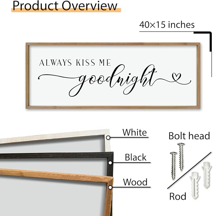 comurdyo Romantic Couple Always Kiss Me Goodnight Sign 40"×15" for Large Modern Rustic Love Theme Master Bedroom Above bed Wood Frame Horizontal Hanging Wall Art Decor (Wood)