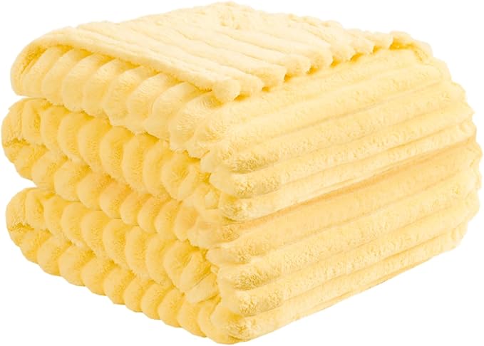 Vessia Flannel Fleece Light Yellow Twin Blanket(60x80inch), 300GSM Striped Blanket for Adults and Kids, Super Soft Warm Cozy Lightweight Home Decor for All-Season
