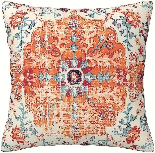 4pcs Orange Blue Ethnic Boho Pillow Covers, Vintage Rust Coral Floral Decorative Pillow Cases for Living Room Bedroom Bed Cushion Outdoor Home Decor, 18x18 Pillows Linen Pillowcase